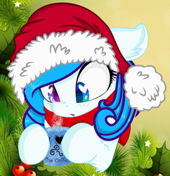 Size: 1019x1054 | Tagged: safe, artist:yulianapie26, imported from derpibooru, oc, oc only, earth pony, pony, base used, bust, christmas, eyelashes, female, hat, heart eyes, heterochromia, holiday, mare, mug, santa hat, solo, wingding eyes