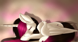 Size: 3304x1815 | Tagged: safe, artist:maneblue, imported from derpibooru, oc, oc only, alicorn, pony, abstract background, alicorn oc, ear fluff, female, horn, lying down, mare, paw prints, prone, sleeping, solo, wings