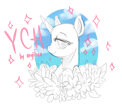 Size: 4500x4000 | Tagged: safe, artist:kaikururu, imported from derpibooru, oc, pony, unicorn, bedroom eyes, bust, commission, female, horn, lineart, mare, smiling, unicorn oc, your character here