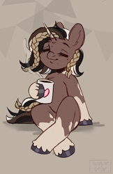 Size: 1496x2311 | Tagged: safe, artist:sugarstar, imported from derpibooru, oc, oc only, oc:coco powder, pony, unicorn, cup, eyes closed, female, mare, sitting, smiling, solo