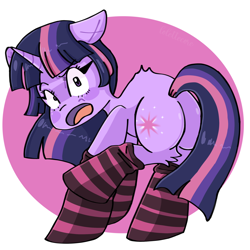 Size: 1280x1280 | Tagged: safe, artist:lolettecore, imported from derpibooru, twilight sparkle, pony, unicorn, abstract background, arched back, butt, clothes, cute, ears back, female, mare, open mouth, plot, raised leg, shading, socks, solo, striped socks, tail, twibutt, unicorn twilight