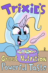 Size: 874x1319 | Tagged: safe, artist:doodledonutart, imported from derpibooru, trixie, pony, unicorn, bowl, cereal box, eyelashes, female, horn, magic, mare, open mouth, open smile, simple background, smiling, solo, spoon, telekinesis, text, yellow background