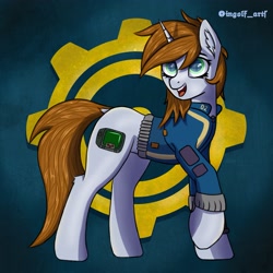 Size: 3375x3375 | Tagged: safe, artist:ingolf arts, imported from derpibooru, oc, oc only, oc:littlepip, pony, unicorn, fallout equestria, clothes, digital art, ear fluff, female, grin, high res, hooves, horn, jumpsuit, mare, open mouth, pipbuck, simple background, smiling, solo, tail, vault suit