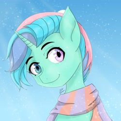 Size: 3508x3508 | Tagged: safe, artist:dashy21, imported from derpibooru, oc, oc only, pony, unicorn, bust, clothes, eyebrows, heterochromia, high res, horn, scarf, signature, smiling, solo, striped scarf, unicorn oc