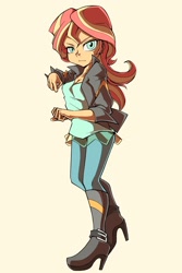 Size: 1364x2048 | Tagged: safe, artist:doktor-d, imported from derpibooru, sunset shimmer, equestria girls, boots, breasts, cleavage, clothes, female, fighting stance, full body, high heel boots, jacket, leather jacket, looking at you, shoes, simple background, solo, stance