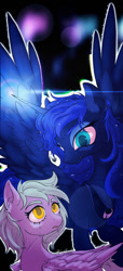 Size: 500x1094 | Tagged: safe, artist:luanshanhun, artist:乱山昏, imported from derpibooru, princess luna, oc, oc:cloud cover, alicorn, pegasus, pony, fanfic:pegasus device, fanfic:pegasus device: reckoning, fanfic:rainbow factory, crying, fanfic art, magic