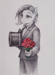 Size: 888x1210 | Tagged: safe, artist:thebowtieone, imported from derpibooru, oc, oc:bowtie, anthro, bowtie, clothes, flower, hat, solo, suit, top hat, traditional art