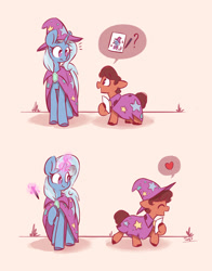 Size: 1800x2300 | Tagged: safe, artist:scribble-potato, imported from derpibooru, trixie, oc, earth pony, pony, unicorn, accessory theft, autograph, brooch, cape, clothes, colt, comic, cute, diatrixes, fan, fanboy, foal, happy, hat, heart, jewelry, magic, male, mare, open mouth, open smile, smiling, telekinesis, trixie's brooch, trixie's cape, trixie's hat, wholesome