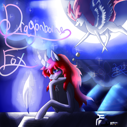 Size: 5800x5800 | Tagged: safe, artist:florarena-kitasatina/dragonborne fox, imported from derpibooru, oc, oc only, oc:crimson flame, alicorn, unicorn, absurd resolution, crescent moon, imagining, ink, moon, paper, quill, signature, thought bubble, watermark