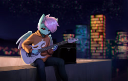 Size: 4466x2827 | Tagged: safe, artist:mrscroup, imported from derpibooru, oc, oc only, oc:#c0ffee, anthro, pegasus, amplifier, black sclera, city, cityscape, clothes, cute, electric guitar, guitar, guitar amp, high res, hoodie, ibanez, male, musical instrument, ocbetes, pegasus oc, rooftop, solo