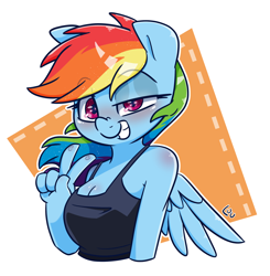 Size: 1500x1529 | Tagged: safe, artist:lou, imported from derpibooru, rainbow dash, anthro, pegasus, breasts, bust, cleavage, eyebrows, eyebrows visible through hair, female, grin, nose wrinkle, outline, peace sign, signature, simple background, smiling, solo, transparent background, white outline