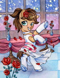 Size: 900x1167 | Tagged: safe, artist:red-watercolor, imported from derpibooru, oc, oc only, oc:heroic armour, pony, unicorn, bipedal, clothes, collar, colt, crossdressing, dancing, dress, flower, flower filly, flower in hair, flower petals, foal, happy, horn, horn ring, male, ponytail, ring, rose, shoes, smiling, socks, table, tablecloth, thigh highs