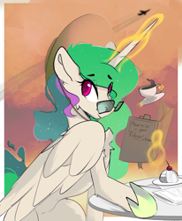 Size: 3615x4389 | Tagged: safe, artist:therealf1rebird, imported from derpibooru, princess celestia, alicorn, pony, book, coffee, cute, cutelestia, eye clipping through hair, eyebrows, eyebrows visible through hair, female, glasses, glowing, glowing horn, hat, high res, horn, looking at you, magic, magic aura, mare, smiling, smiling at you, solo, telekinesis