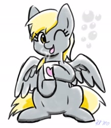 Size: 1787x2048 | Tagged: safe, artist:slfreargb1klh2c, imported from derpibooru, derpy hooves, pegasus, pony, cup, cute, derpabetes, female, heart, looking at you, mare, mug, one eye closed, open mouth, open smile, simple background, sitting, smiling, smiling at you, solo, steam, white background, wink, winking at you