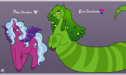 Size: 1918x1148 | Tagged: safe, artist:greenarsonist, imported from derpibooru, oc, oc only, oc:kiwi gardens, oc:plum shadow, bat pony, lamia, original species, pony, snake, snake pony, bat pony oc, bisexual pride flag, eyeshadow, glasses, hair accessory, jewelry, long hair, makeup, necklace, pair, ponytail, pride, pride flag, smiling, spread wings, tooth, unshorn fetlocks, wings