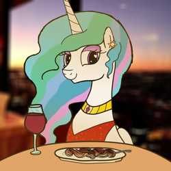 Size: 3000x3000 | Tagged: safe, artist:notawriteranon, imported from derpibooru, princess celestia, alicorn, pony, alcohol, dinner, female, food, mare, offscreen character, pasta, pov, red dress, spaghetti, wine