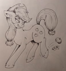 Size: 2658x2879 | Tagged: safe, artist:dreamy990, imported from derpibooru, applejack, pony, apple, food, kicking, monochrome, solo, traditional art