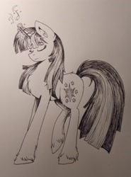 Size: 2435x3282 | Tagged: safe, artist:dreamy990, imported from derpibooru, twilight sparkle, pony, unicorn, chest fluff, eyes closed, magic, monochrome, solo, traditional art, unshorn fetlocks