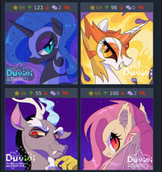 Size: 750x799 | Tagged: safe, artist:duvivi, imported from derpibooru, daybreaker, discord, fluttershy, nightmare moon, alicorn, bat pony, derpibooru, bat ponified, flutterbat, juxtaposition, juxtaposition win, meme, meta, race swap, stars