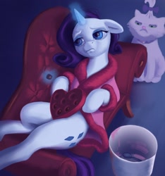 Size: 1500x1600 | Tagged: safe, artist:escapist, imported from derpibooru, opalescence, rarity, cat, pony, unicorn, bathrobe, box of chocolates, clothes, crying, depressed, fainting couch, food, holiday, ice cream, lonely, lying down, on back, robe, sad, valentine's day