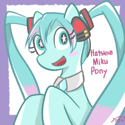 Size: 1000x1000 | Tagged: safe, artist:garammasara, imported from derpibooru, earth pony, pony, anime, bust, female, hatsune miku, headphones, looking at you, mare, necktie, open mouth, open smile, ponified, signature, smiling, smiling at you, solo, starry eyes, stars, text, vocaloid, wingding eyes