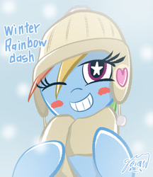 Size: 2126x2455 | Tagged: safe, artist:garammasara, imported from derpibooru, rainbow dash, pegasus, pony, blush sticker, blushing, bust, clothes, female, grin, hat, high res, looking at you, mare, one eye closed, scarf, signature, smiling, smiling at you, solo, starry eyes, stars, text, wingding eyes, wink, winking at you, winter outfit