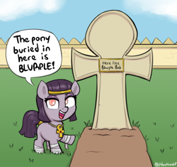 Size: 1880x1768 | Tagged: safe, artist:heretichesh, imported from derpibooru, oc, oc only, oc:mummydew, earth pony, pony, ankh, egyptian, egyptian headdress, egyptian pony, female, filly, foal, grave, gravestone, headband, pointing, solo, speech bubble, talking to viewer