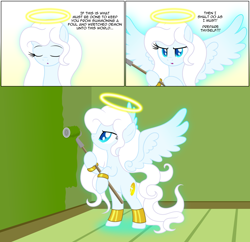 Size: 2978x2881 | Tagged: safe, artist:badumsquish, derpibooru exclusive, imported from derpibooru, oc, oc only, oc:zophiel, angel pony, original species, angel, bangles, bipedal, bracelet, cross, determined, dialogue, eyes closed, female, floating wings, frown, glowing, gold, halo, hoof hold, house, implied oc:kim stone, jewelry, long eyelashes, long mane, mare, paint, paint roller, show accurate, solo, spear, talking to herself, talking to viewer, weapon, wings