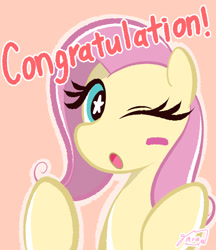 Size: 2126x2455 | Tagged: safe, artist:garammasara, imported from derpibooru, fluttershy, pegasus, pony, :o, blush sticker, blushing, bust, congratulations, eyelashes, female, high res, looking at you, mare, o mouth, one eye closed, open mouth, signature, simple background, solo, starry eyes, stars, text, wingding eyes, wink, winking at you