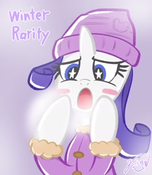 Size: 1774x2048 | Tagged: safe, artist:garammasara, imported from derpibooru, rarity, pony, unicorn, blush sticker, blushing, bust, clothes, female, hat, heart, mare, open mouth, purple background, signature, simple background, solo, starry eyes, stars, text, wingding eyes, winter, winter hat, winter outfit