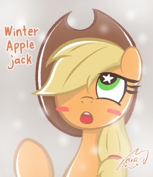 Size: 1774x2048 | Tagged: safe, artist:garammasara, imported from derpibooru, applejack, earth pony, pony, applejack's hat, blush sticker, blushing, bust, cowboy hat, female, hair over one eye, hat, looking up, mare, open mouth, signature, simple background, solo, starry eyes, stars, text, wingding eyes, winter