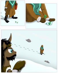 Size: 3000x3750 | Tagged: safe, artist:cactuscowboydan, imported from derpibooru, oc, human, unicorn, comic:outcasted, comic, curved horn, hand, horn, human oc, plant, snow, spying