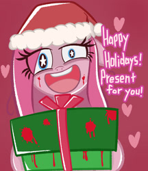 Size: 2126x2455 | Tagged: safe, artist:garammasara, imported from derpibooru, pinkie pie, earth pony, pony, blood, blood stains, bust, christmas, eye clipping through hair, female, happy holidays, hat, heart, heart background, holiday, looking at you, mare, open mouth, open smile, pinkamena diane pie, present, santa hat, shrunken pupils, smiling, smiling at you, solo, starry eyes, stars, text, wingding eyes