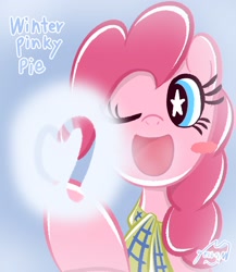 Size: 1774x2048 | Tagged: safe, artist:garammasara, imported from derpibooru, pinkie pie, earth pony, pony, blue background, blushing, bust, clothes, female, happy, mare, one eye closed, open mouth, open smile, scarf, signature, simple background, smiling, starry eyes, stars, text, wingding eyes, winter