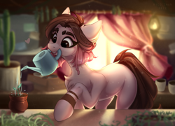 Size: 3851x2776 | Tagged: safe, artist:rico_chan, imported from derpibooru, oc, oc only, oc:naga, earth pony, pony, cactus, chest fluff, earth pony oc, female, greenhouse, high res, indoors, lightning, mare, mouth hold, plant, plant pot, smiling, solo, watering can, window