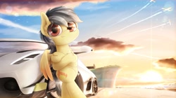 Size: 1920x1079 | Tagged: safe, artist:phoenixrk49, imported from derpibooru, oc, oc only, pegasus, pony, bipedal, bipedal leaning, boat, car, crossed hooves, cruise ship, koenigsegg, leaning, looking at you, male, pegasus oc, plane, solo, stallion, sunset, supercar