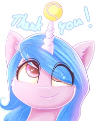 Size: 1155x1473 | Tagged: safe, artist:phoenixrk49, imported from derpibooru, izzy moonbow, pony, unicorn, ball, bust, exclamation point, eye clipping through hair, eyebrows, eyebrows visible through hair, female, g5, horn, hornball, izzy's tennis ball, looking up, mare, my little pony: a new generation, simple background, smiling, solo, tennis ball, thank you, white background