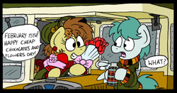 Size: 1024x535 | Tagged: safe, artist:bobthedalek, imported from derpibooru, oc, oc only, oc:bubble pump, oc:clippy ticket, earth pony, pegasus, pony, comic:trottingham transport, bus, chocolate, clothes, comic, duo, ear piercing, earring, flask, flower, food, hat, heart, hearts and hooves day, jewelry, messy mane, piercing, sweater, ugly public transport seating pattern