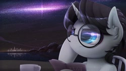 Size: 1920x1079 | Tagged: safe, artist:phoenixrk49, imported from derpibooru, oc, oc only, pony, unicorn, adjusting glasses, book, cup, galaxy, glasses, horn, male, reflection, round glasses, solo, stallion, unicorn oc