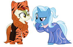 Size: 3015x1963 | Tagged: safe, artist:idkhesoff, imported from derpibooru, autumn blaze, trixie, big cat, kirin, pony, tiger, unicorn, alternate hairstyle, awwtumn blaze, chinese, chinese new year, clothes, cute, dress, duo, duo female, female, hoodie, lunar new year, mare, onesie, pants, raised hoof, simple background, socks, striped socks, tiger print, transparent background, year of the tiger