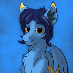 Size: 1668x1668 | Tagged: safe, artist:levinerex, imported from derpibooru, oc, oc only, pegasus, blue background, bust, chest fluff, ear fluff, male, portrait, simple background, stallion, yellow eyes