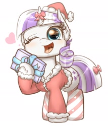 Size: 1642x1920 | Tagged: safe, artist:phoenixrk49, imported from derpibooru, twilight velvet, pony, unicorn, christmas, clothes, costume, cute, eye reflection, female, hat, heart, holiday, looking at you, mare, one eye closed, open mouth, open smile, present, raised hoof, reflection, ribbon, santa costume, santa hat, simple background, smiling, smiling at you, socks, solo, stockings, striped socks, thigh highs, velvetbetes, white background, wink, winking at you