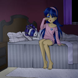 Size: 2000x2000 | Tagged: safe, artist:nekojackun, imported from derpibooru, flash sentry, rarity, oc, oc:felicity sentry, human, equestria girls, barefoot, bed, bedroom, clothes, commissioner:shortskirtsandexplosions, commissioner:syntakitty, crossdressing, feet, female, femboy, girly sentry, hair curlers, hairband, male, night, one eye closed, open mouth, pajamas, pillow, sleep mask, sleeping, sleepover, sleepy, tired, waking up, yawn