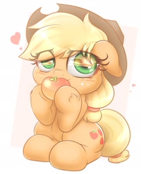 Size: 1558x1920 | Tagged: safe, artist:phoenixrk49, imported from derpibooru, applejack, earth pony, pony, apple, applejack's hat, blushing, covering mouth, cowboy hat, cute, eye clipping through hair, eye reflection, female, food, hat, heart, jackabetes, looking at you, mare, partial background, reflection, simple background, sitting, solo, weapons-grade cute, white background