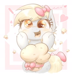 Size: 1836x1920 | Tagged: safe, artist:phoenixrk49, imported from derpibooru, derpy hooves, pegasus, pony, blushing, bust, cute, derpabetes, exclamation point, eye reflection, female, food, happy, heart, hoof on cheek, looking at something, mare, muffin, open mouth, open smile, reflection, ribbon, smiling, solo, text, weapons-grade cute