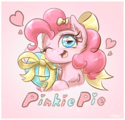 Size: 1920x1850 | Tagged: safe, artist:phoenixrk49, imported from derpibooru, pinkie pie, earth pony, pony, bust, cute, diapinkes, eye reflection, female, gradient background, heart, looking at you, mare, one eye closed, open mouth, open smile, present, reflection, ribbon, signature, smiling, smiling at you, solo, text, wink, winking at you