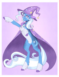 Size: 1280x1653 | Tagged: safe, artist:wanderingpegasus, imported from derpibooru, trixie, pony, unicorn, action pose, alternate hairstyle, cape, chest fluff, clothes, coat markings, eyeshadow, facial markings, februpony, female, freckles, grin, hat, makeup, mare, markings, pale belly, pink background, pubic fluff, raised hoof, simple background, smiling, smug, snip (coat marking), socks (coat markings), solo, standing on two hooves, trixie's cape, trixie's hat, unshorn fetlocks