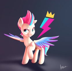 Size: 3080x3020 | Tagged: safe, artist:alfunezart, imported from derpibooru, zipp storm, pegasus, pony, colored wings, cutie mark, eyebrows, female, g5, gradient background, gradient wings, grin, high res, looking at you, mare, my little pony: a new generation, raised hoof, shadow, signature, smiling, smiling at you, solo, spread wings, wings