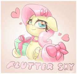 Size: 1920x1850 | Tagged: safe, artist:phoenixrk49, imported from derpibooru, fluttershy, pegasus, pony, blushing, bust, choker, chokershy, cute, eye reflection, female, floppy ears, gradient background, heart, looking away, mare, present, reflection, ribbon, shyabetes, signature, solo, text, wing hold, wings