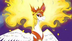 Size: 1280x720 | Tagged: safe, artist:angelicdrift, imported from derpibooru, daybreaker, alicorn, pony, colored pupils, crown, digital art, feather, female, fire, flowing mane, gem, helmet, horn, jewelry, lidded eyes, looking at you, mane of fire, mare, orange eyes, purple background, regalia, simple background, smiling, solo, spread wings, teeth, wings